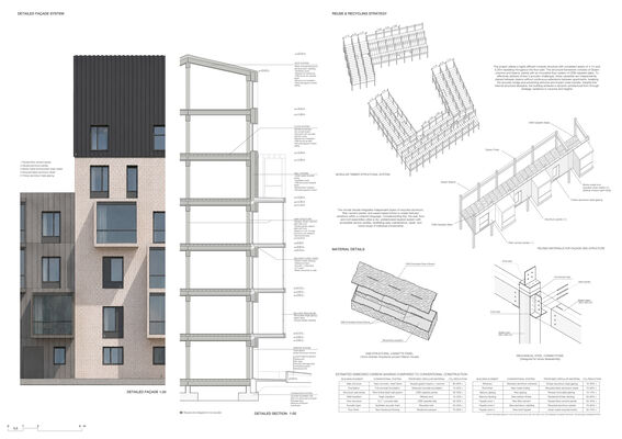 Page of the work by Alicia González Nieto. Architectural sheet with facade render, section and 3D construction diagrams of a multi-storey building.