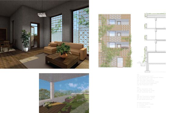 Page of the work by Anniina Sorsa. Architectural board with living room render, balcony view, green facade elevation, and section details.