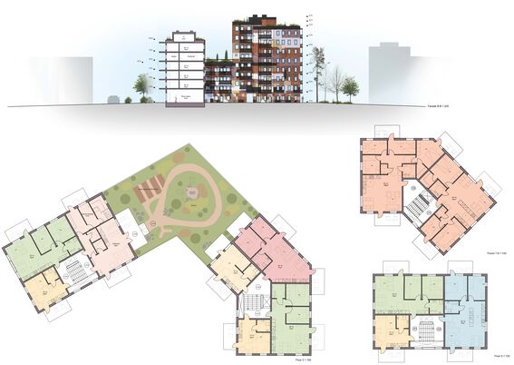 Page of the work by Antero Heino. Coloured elevation and section drawing of a multi-storey block with garden and detailed floor plans
