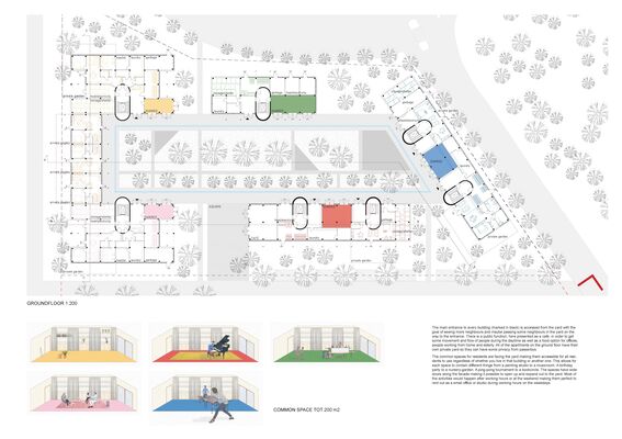 Page of the work by Cornelia Möller. Coloured ground floor plan with central courtyard and trees. Small colorful sketches of a common space below.