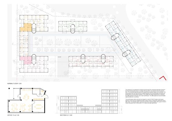 Page of the work by Cornelia Möller. Coloured floor plans of apartments, office floor plan and building section drawings