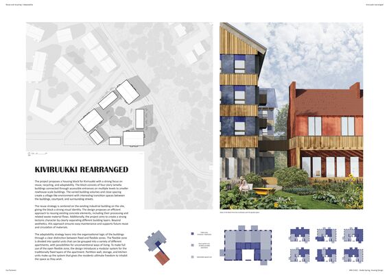 Architecture board with site plan, text, diagrams in blue and a rendering of wooden housing and garden. Page of the work by Esa Partanen.
