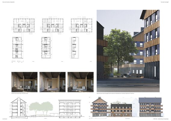 Architectural board with floorplans, building façades, section view, three interior renderings and a rendering of the housing area.  Page of the work by Esa Partanen.