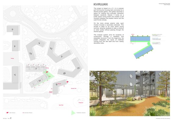 Architectural board with grey site plan, diagram in bright blue and green and courtyard visualisation. A page from the work by Leonie Theubet.