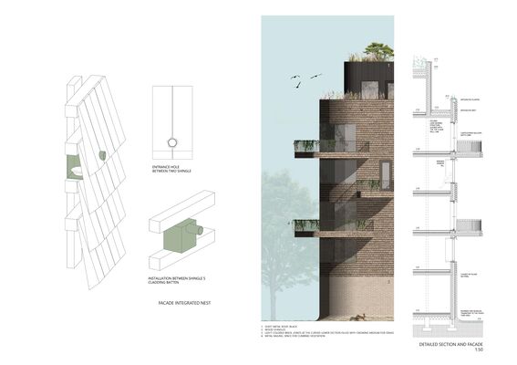 Architectural drawing of brick building with balconies, green roof and integrated bird nest modules in the façade. Including diagrams of details. A page from the work by Iiris Moisio.