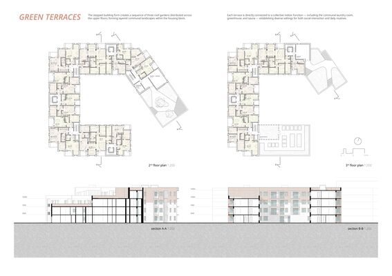 Architectural sheet with housing floor plans and coloured building sections. Page from the work by Yijia Zheng. 