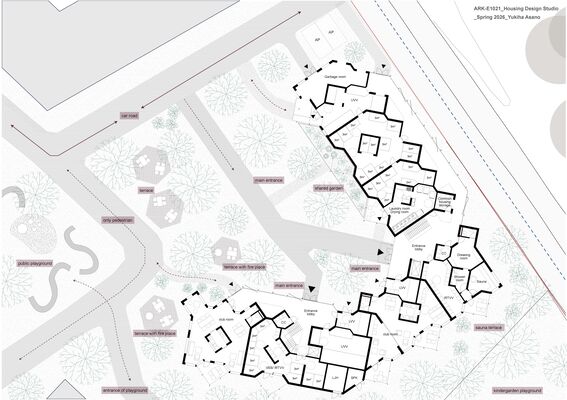 Architectural site plan of a housing complex with flats, gardens, paths and labels. Page from the work by Yukiha Asano.