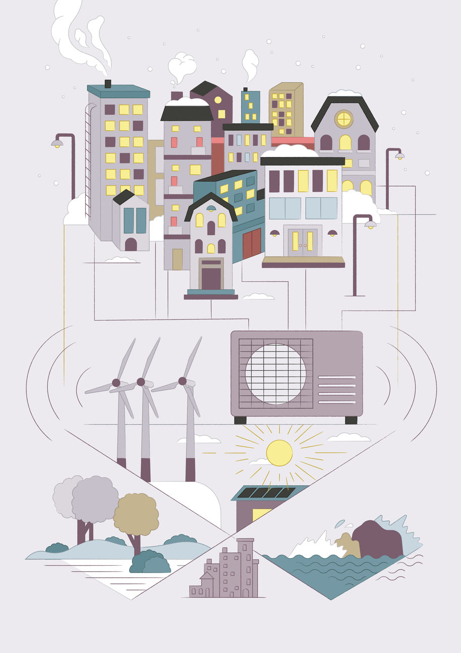 Piirroskuvassa on talvinen kaupunkimaisema ja lisäksi erilaisia energianlähteitä kuten aurinko ja tuulivoimaa. Kuvittaja: Jolanda Jokinen.