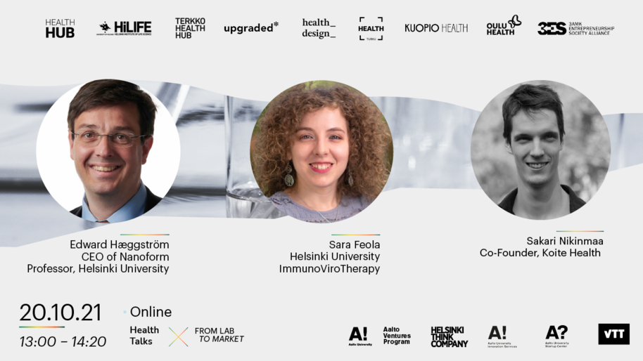 Pictures of three people all looking and smiling at the viewer. The three people pictured are the event speakers: Edward Hæggström, Sara Feola and Sakari Nikinmaa. 