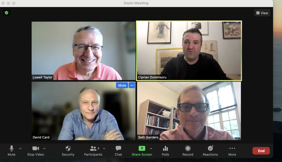 The picture shows the researchers Lowell Taylor, Ciprian Domnisoru, David Card and Seth Sanders on a Zoom call. 