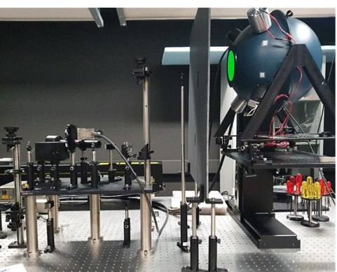 Figure 2. Optical setup for measuring the spatial nonuniformity of an integrating sphere mounted on the XY translation stage at 325 nm (HeCd laser) and 543.5 nm (HeNe laser) wavelengths.