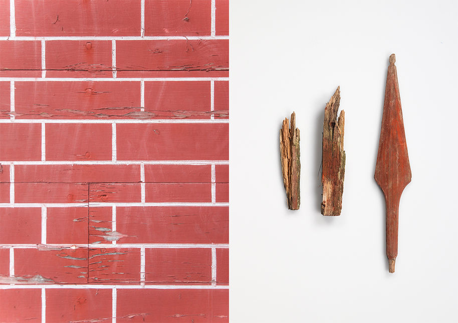 The image is broken up into two sections. The section on the left shows a detail of a building. The section on the right shows fragments that the author collected from the building, organized on a grid.