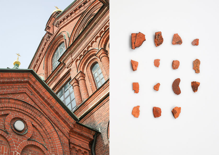 The image is broken up into two sections. The section on the left shows a detail of a building. The section on the right shows fragments that the author collected from the building, organized on a grid.