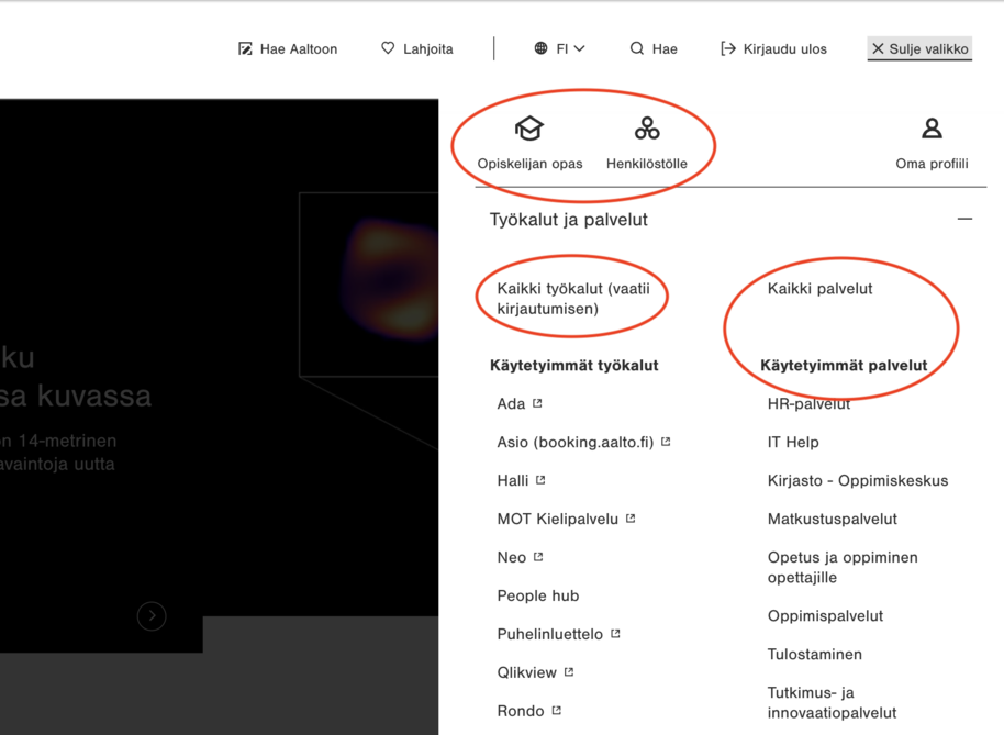 Näyttökuva uudistetusta päävalikosta, jossa on korostettuba pikalinkit, Kaikki työkalut- sekä Kaikki palvelut -linkit