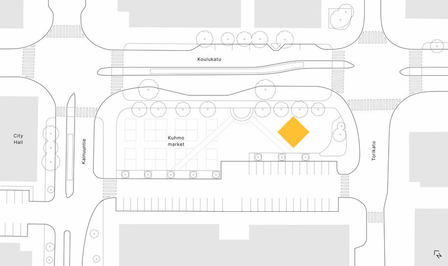 Site plan of the market of Kuhmo, showing the city hall in the west and the project in the east