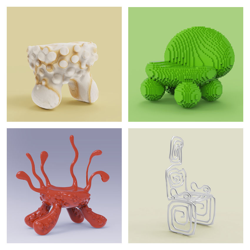 3D chairs - white with 2 legs and blobs, green made of leggo, red with 4 legs and blobby tentacles, silver one-bent metal rod