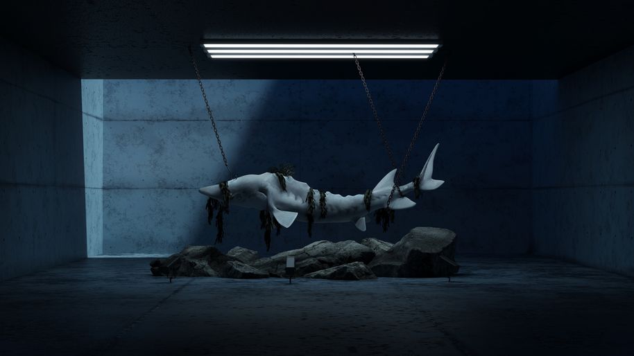 A white shark caught in and suspended from chains, this time presented in a dark concrete environment, 3D render