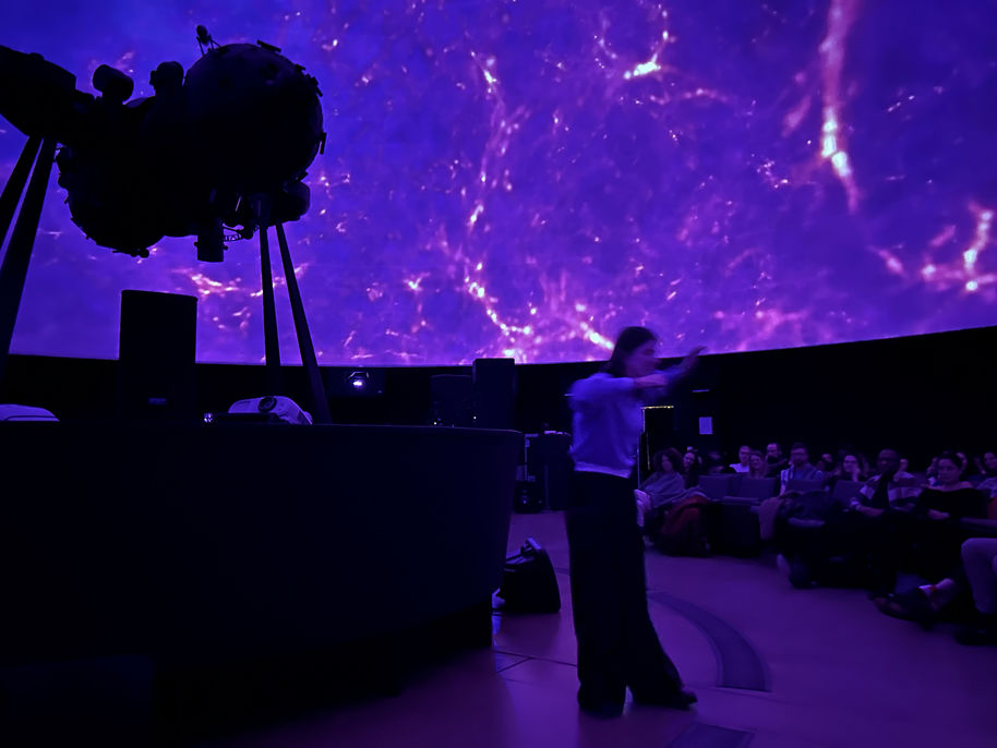 A person giving a presentation in a planetarium with a purple and black starry background. Seated audience on the right.
