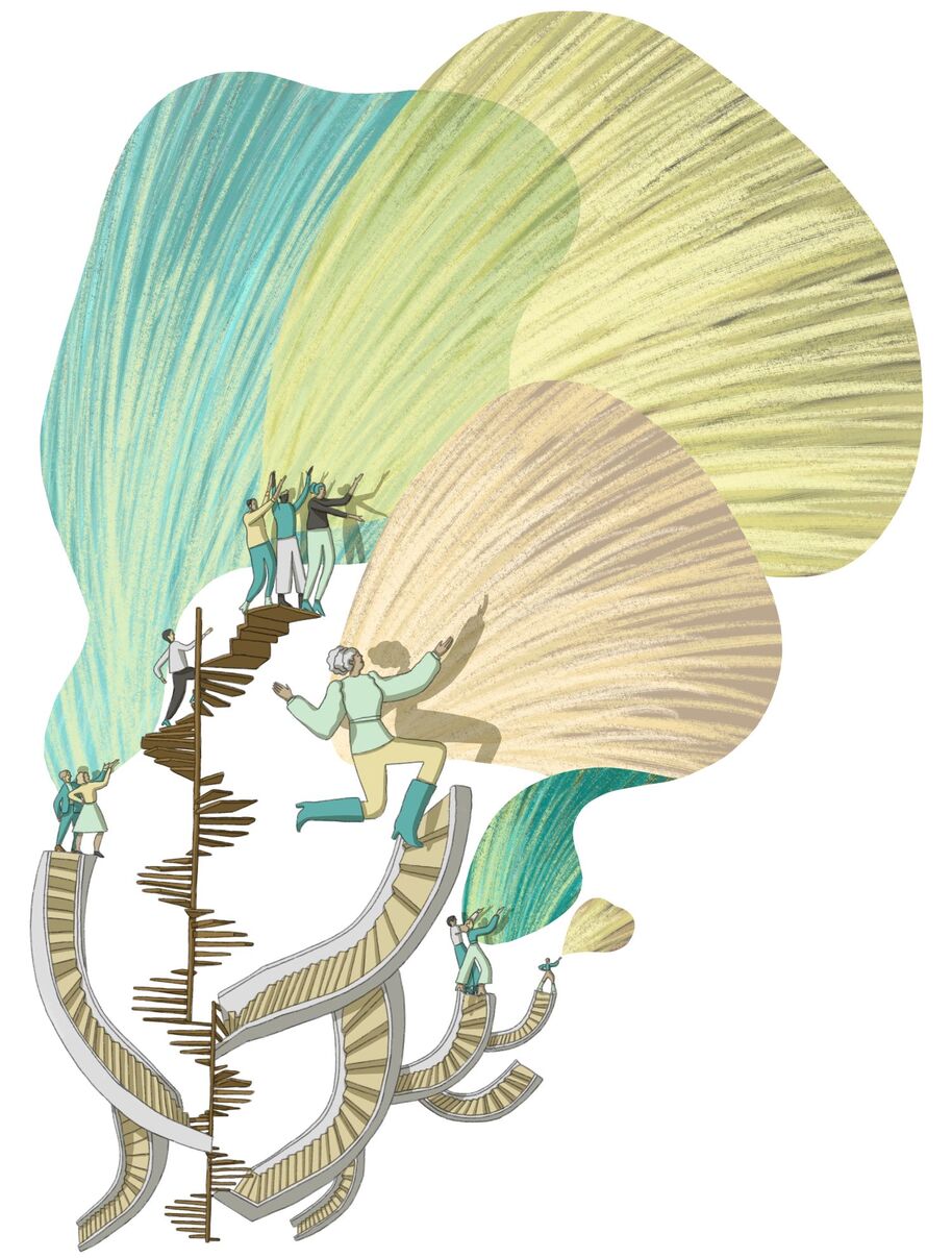 Stylised illustration of multiple curved staircases with human figures climbing them against abstract backgrounds.