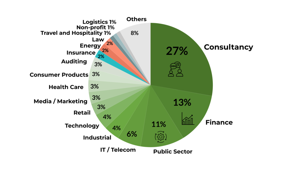 A pie chart showing job sectors: Consultancy 27%, Finance 13%, Public Sector 11%, and others with smaller percentages.