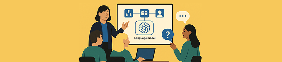 Four people discussing a language model presentation. One person points at a screen showing model components.