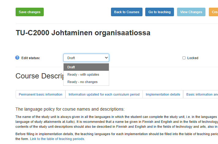 Screenshot of the study unit description page, where you can choose the editing status of the description.