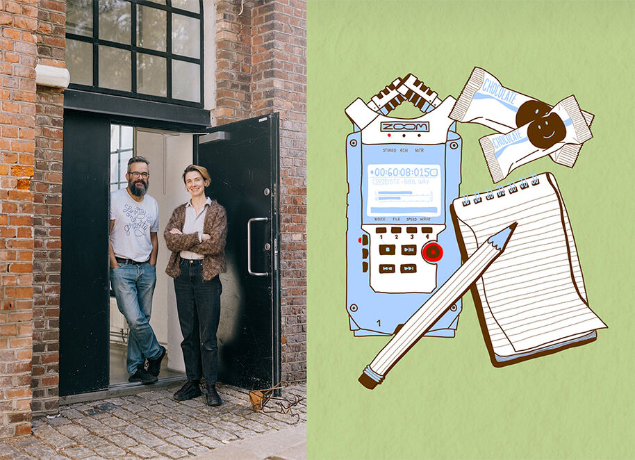 Two people standing in a doorway of a brick building. Illustration of a recorder, notebook, pencil, and chocolate bars.