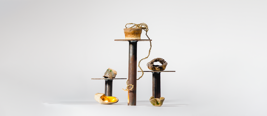 Miniature test vessels, algae stoneware, nettle cordage