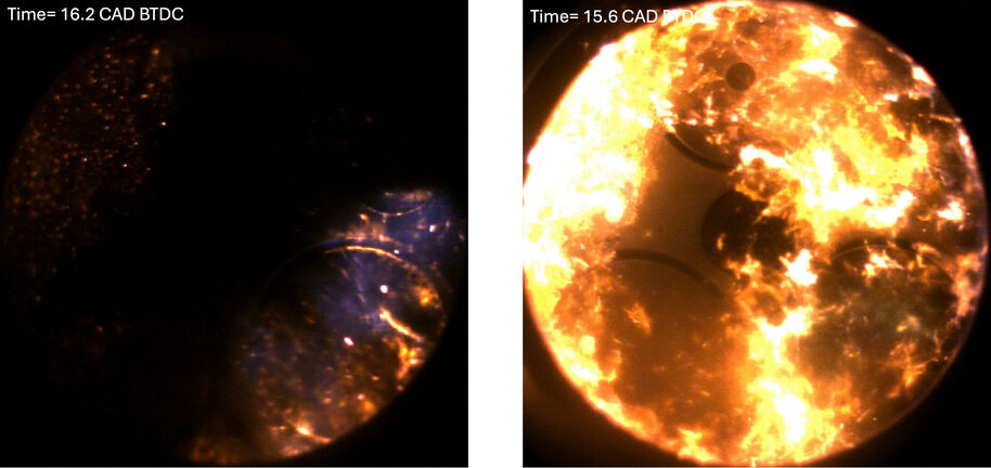 Two circular images showing combustion in an engine cylinder at different times, with varying light and flame patterns.