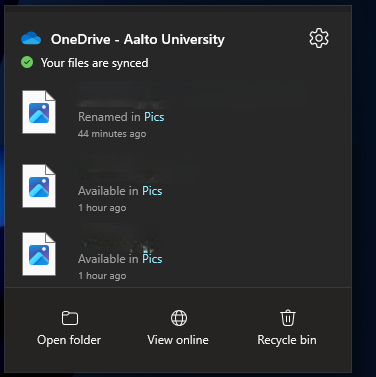 OneDrive-ilmoitus näyttää synkronoidut tiedostot Aalto-yliopistossa. Kolme tiedostopäivitystä aikaleimoineen.