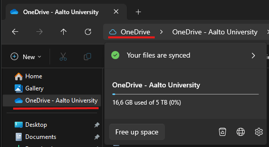 Näyttökuva OneDrive - Aalto University -käyttöliittymästä, jossa näkyy synkronoidut tiedostot ja tallennustilan käyttö.