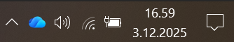 Windowsin tehtäväpalkki näyttää ajan 16:59, päivämäärän 3.12.2025, akun tilan, Wi-Fi:n, äänenvoimakkuuden ja OneDrive-kuvakkeet.