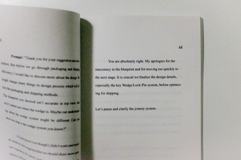 Open book showing text discussing design details and joinery system. The left page has a prompt, and the right page has a reply.