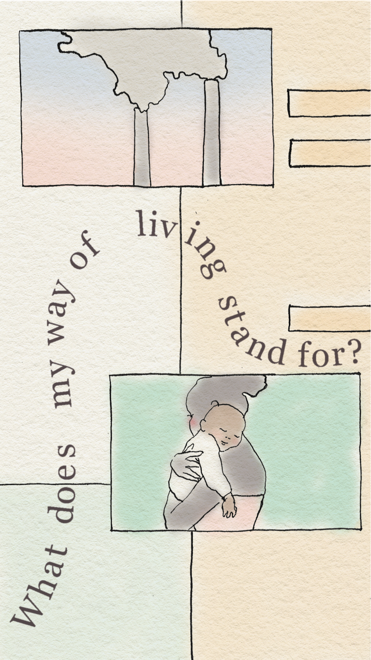 Two images: smokestacks against a pastel sky and a person holding a baby. Text: 'What does my way of living stand for?'