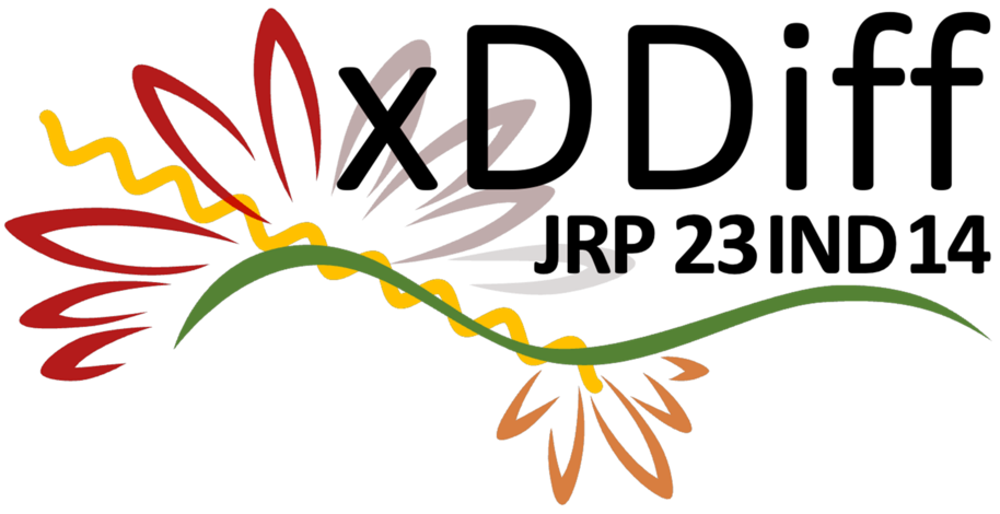 Abstract floral design with red and orange petals, a green stem, and a yellow zigzag pattern.