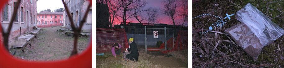 Three images: a courtyard seen through a red frame, two people near a fence at dusk, and a bag with a rosary on the ground.