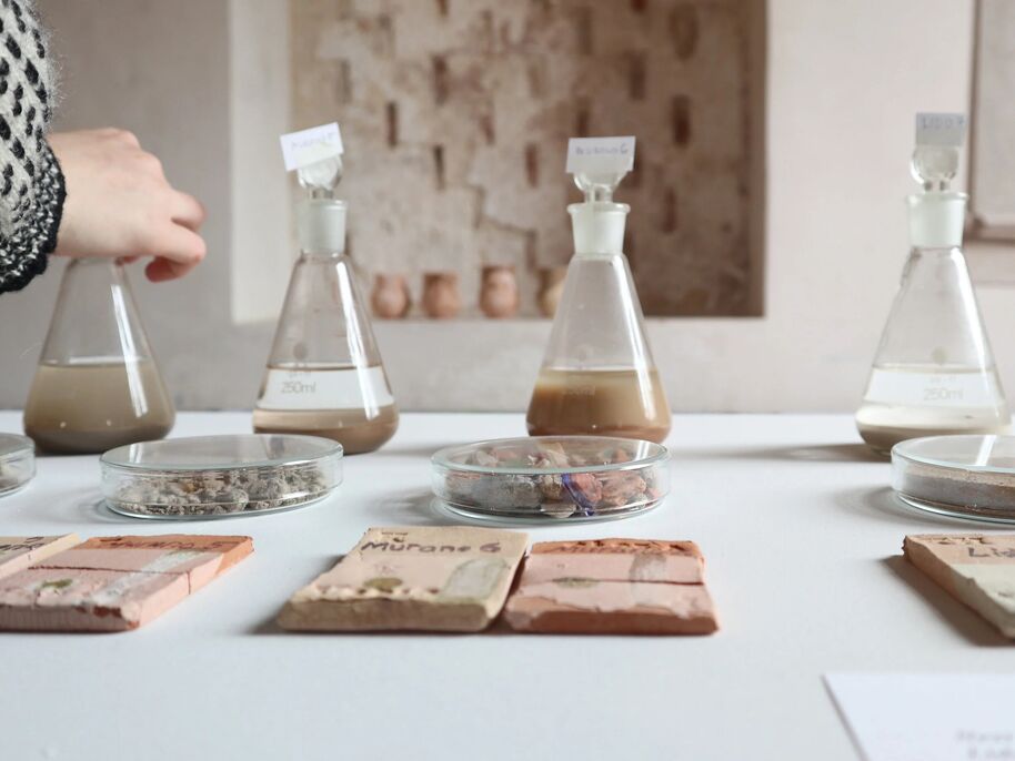 A hand reaches towards flasks and petri dishes on a table, containing various samples and liquids.