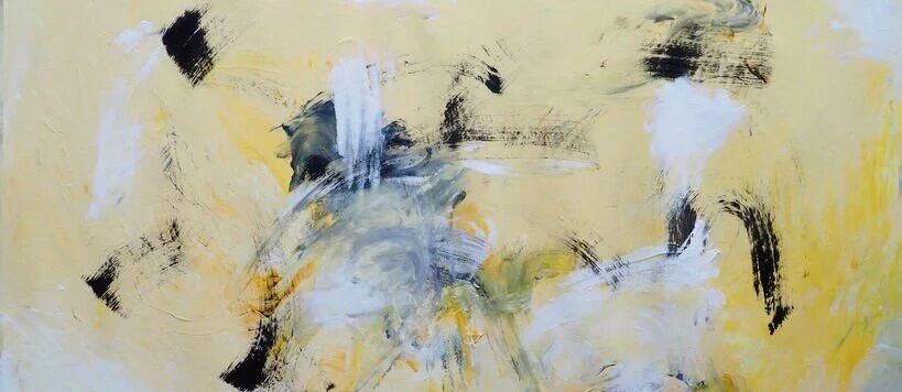 Abstract painting with yellow background, featuring black, white, and grey brushstrokes.