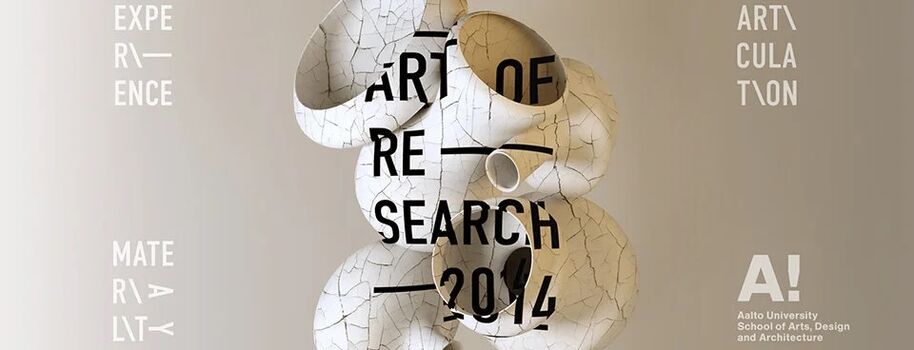 Abstract design with cracked white spheres and black text: 'Art of Research 2014'. Aalto University logo at bottom right.