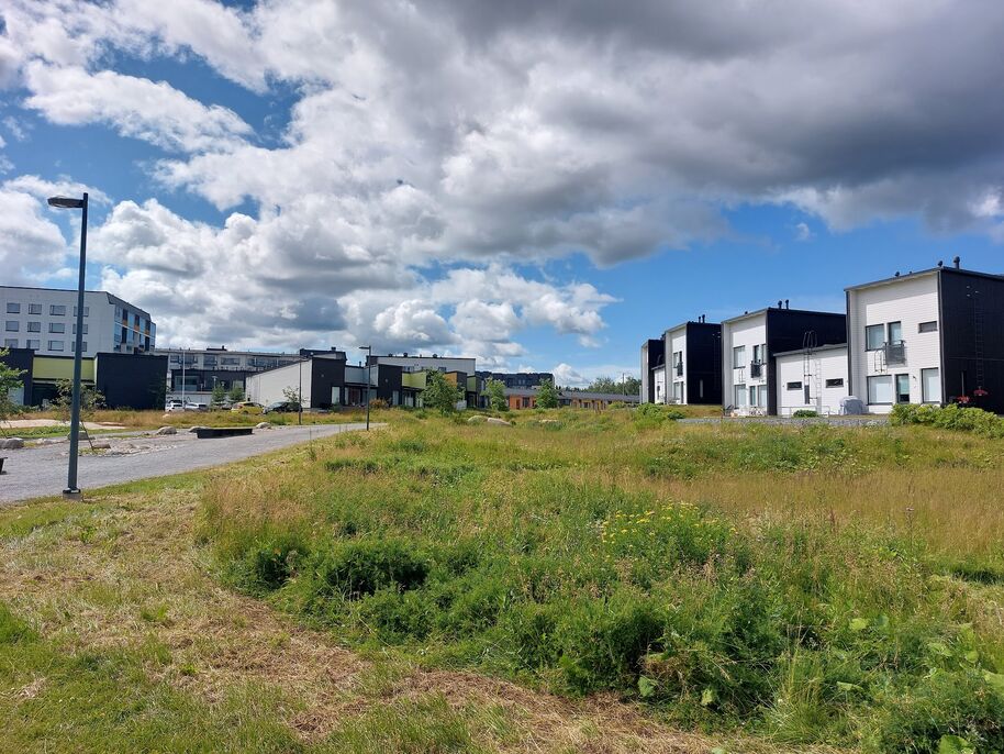 Moderni asuinalue, jossa valkoisia ja mustia rakennuksia, etualalla laaja nurmikenttä, taustalla pilvinen taivas.