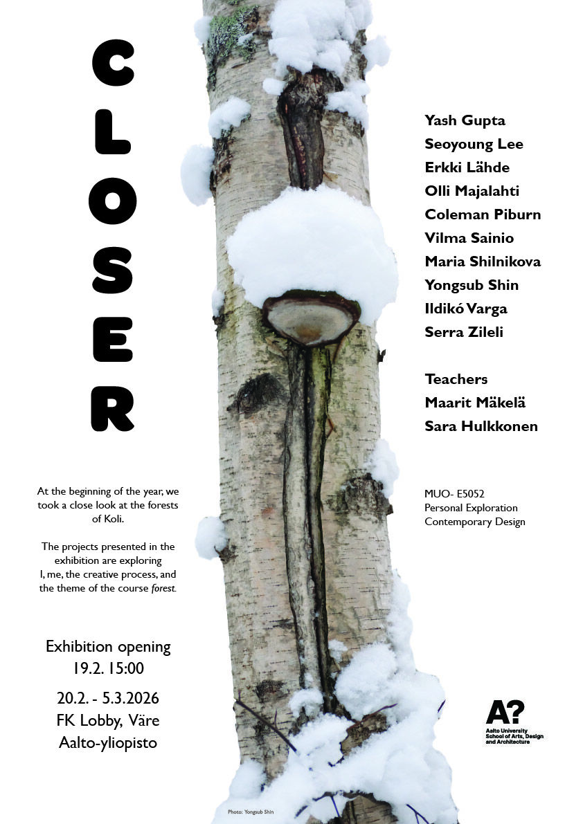 Poster for 'Closer' exhibition with a snow-covered tree trunk. Listing names of participants and event details.