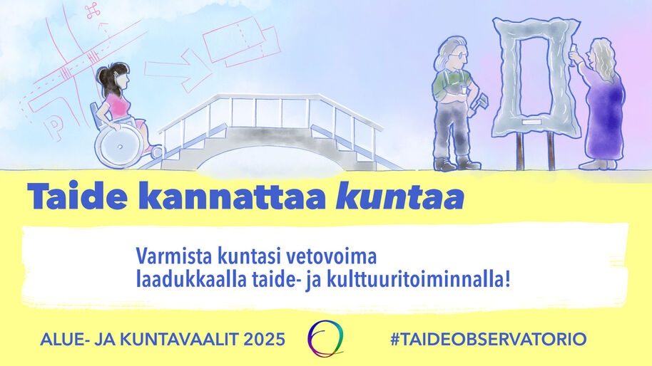 Illustration of a woman in a wheelchair, people admiring art. Text: Art benefits municipality. Local and municipal elections 2025.
