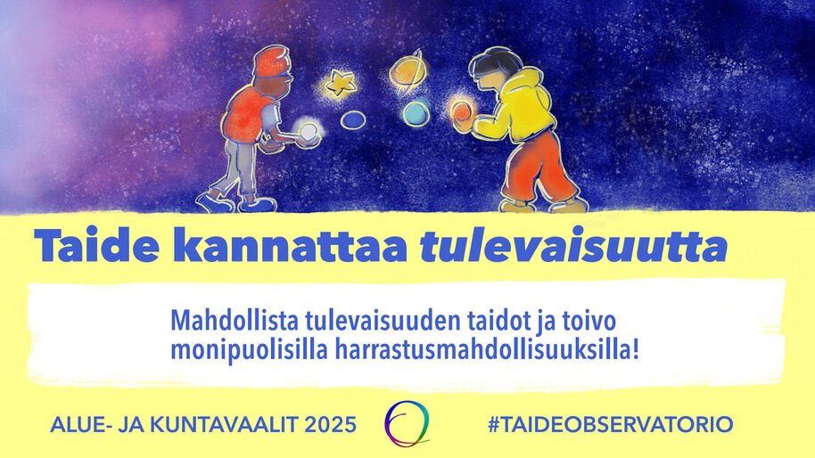 Two children playing with glowing balls against a dark blue sky. Text promotes art and hobbies. Election info included.