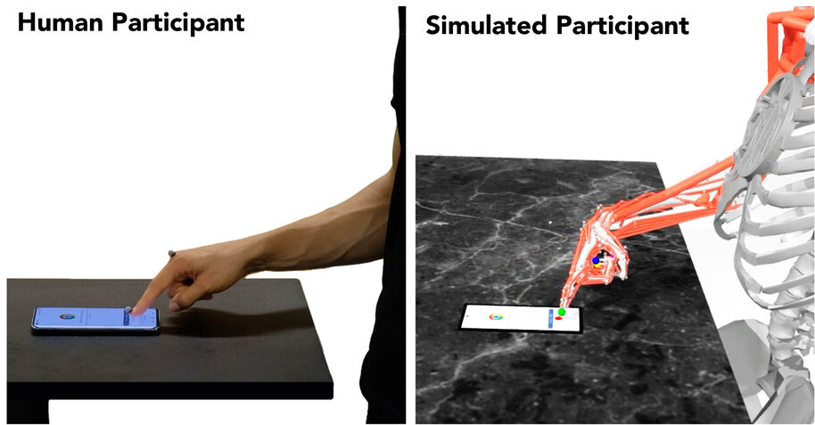 Kuva ihmisestä pyyhkäisemässä pöydällä olevaa puhelinta ja Log2Motion-simulaatio tekemässä samaa.