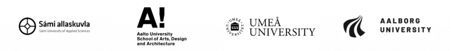 Row of black logos for Sámi allaskuvla, Aalto ARTS, Umeå University and Aalborg University on white.