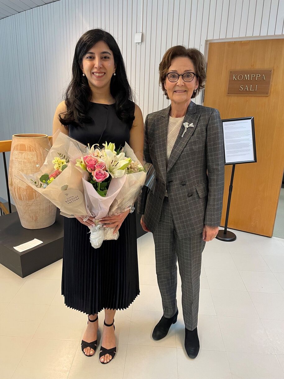 Sahar Babaeipour, the 1st student from the Bioinnovation Centre's doctoral program who defended her doctoral thesis "Development of bio-based coatings incorporating lignin nanoparticles for packaging and textile applications" on May 13, 2026, and Ainomaija Haarla, D.Sc.(Tech.) an industry advisor.