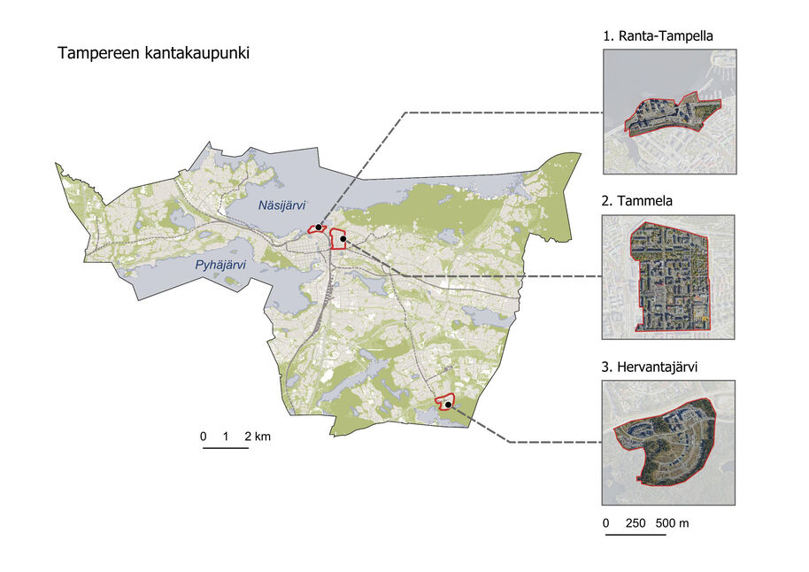 Kartta Tampereen kantakaupungista ja kolmesta korostetusta alueesta: Ranta-Tampella, Tammela ja Hervantajärvi.