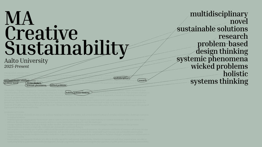 Green poster reading “MA Creative Sustainability, Aalto University 2025–Present” with keywords linked on the right