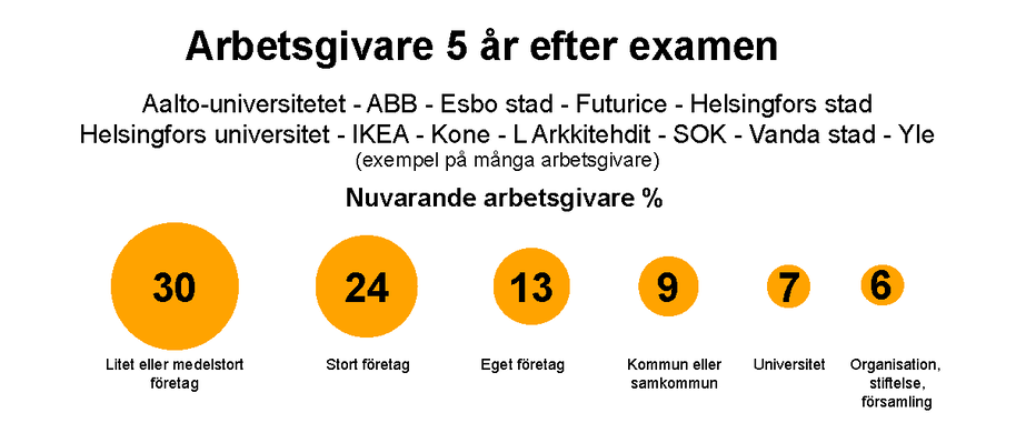 Diagram över arbetsgivare 5 år efter examen: 30% små, 24% stora, 13% egna, 9% kommun, 7% universitet, 6% övriga.