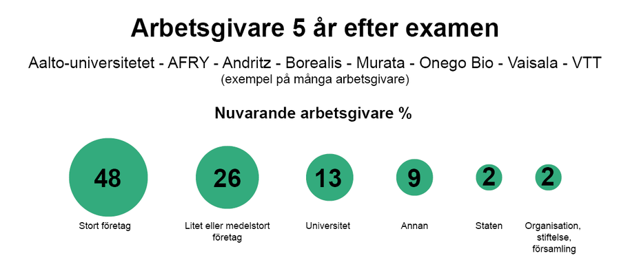 Diagram: nuvarande arbetsgivare 5 år efter examen – 48 % stora företag, 26 % små/medel, 13 % universitet, 9 % annat, 2 % stat, 2 % organisationer.